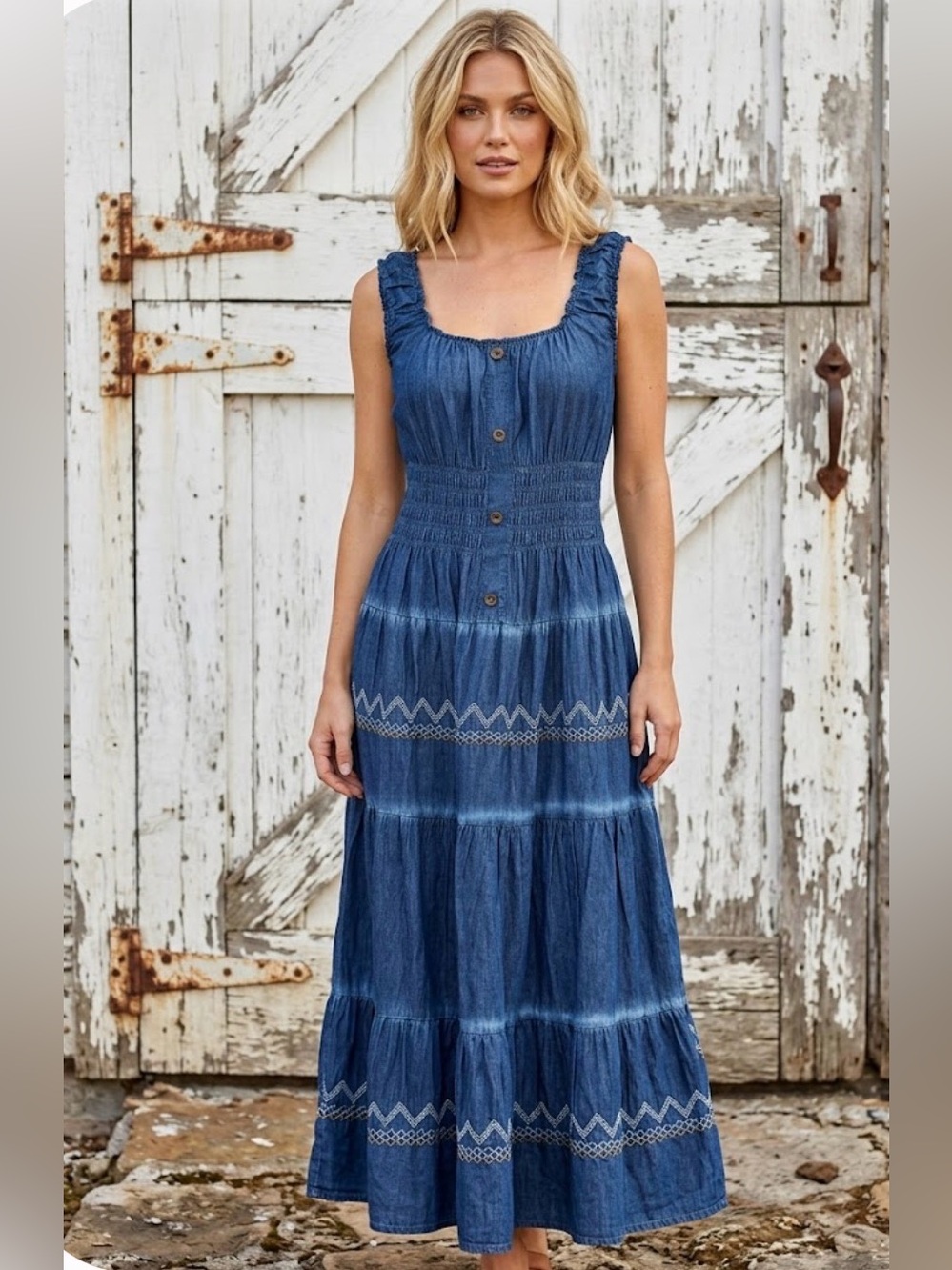 Indigo & Lace Blue Western Chambray Denim Maxi Smocked Tiered Dress - Size XL
